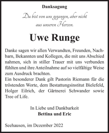 Traueranzeige von Uwe Runge  von Magdeburger Volksstimme