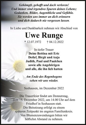 Traueranzeige von Uwe Runge  von Magdeburger Volksstimme
