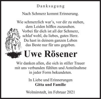 Traueranzeige von Uwe Rösener  von Magdeburger Volksstimme