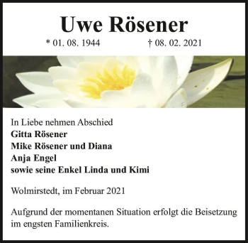 Traueranzeige von Uwe Rösener  von Magdeburger Volksstimme