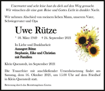 Traueranzeige von Uwe Rütze  von Magdeburger Volksstimme