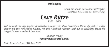 Traueranzeige von Uwe Rütze  von Magdeburger Volksstimme