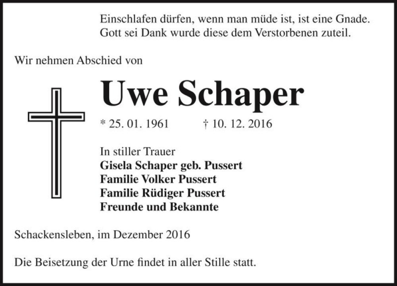  Traueranzeige für Uwe Schaper  vom 17.12.2016 aus Magdeburger Volksstimme