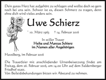 Traueranzeige von Uwe Schierz  von Magdeburger Volksstimme