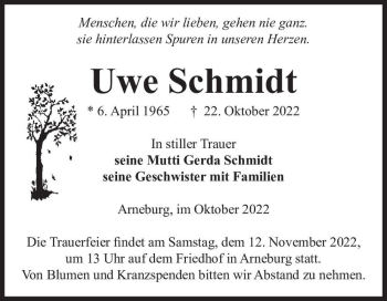 Traueranzeige von Uwe Schmidt  von Magdeburger Volksstimme