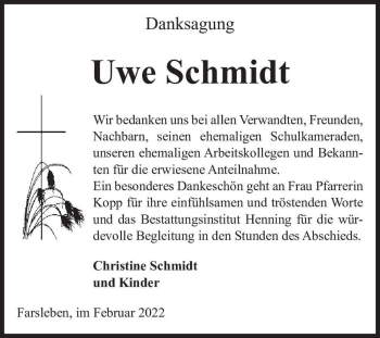Traueranzeige von Uwe Schmidt  von Magdeburger Volksstimme