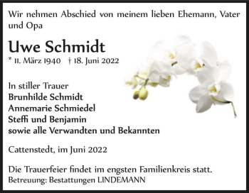 Traueranzeige von Uwe Schmidt  von Magdeburger Volksstimme