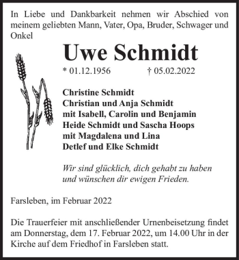 Traueranzeige von Uwe Schmidt  von Magdeburger Volksstimme