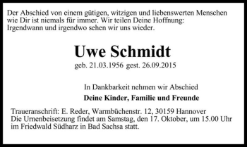 Traueranzeige von Uwe Schmidt  von Magdeburger Volksstimme