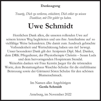 Traueranzeige von Uwe Schmidt  von Magdeburger Volksstimme