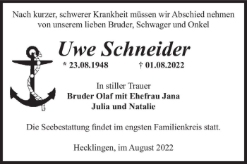 Traueranzeige von Uwe Schneider  von Magdeburger Volksstimme