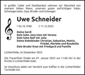 Traueranzeige von Uwe Schneider  von Magdeburger Volksstimme