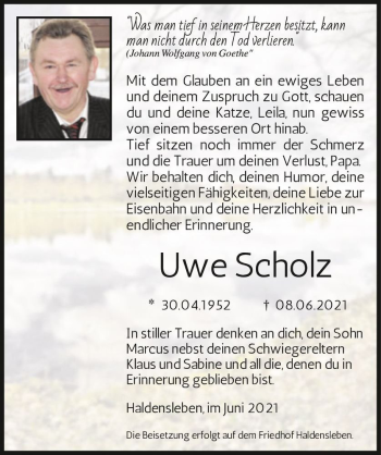 Traueranzeige von Uwe Scholz  von Magdeburger Volksstimme