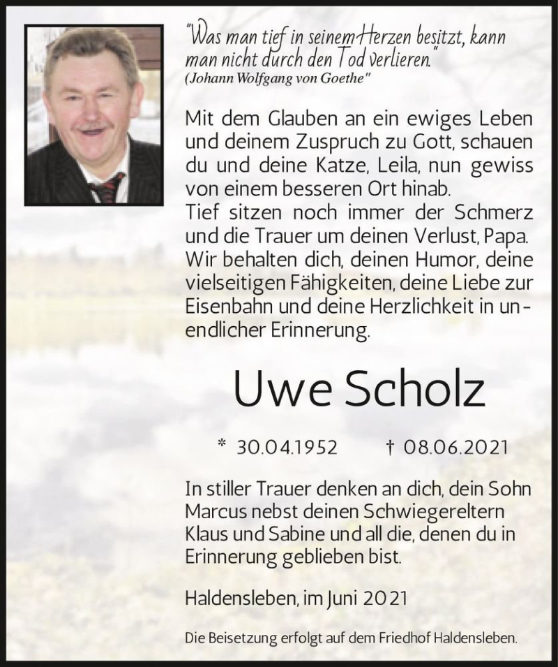  Traueranzeige für Uwe Scholz  vom 26.06.2021 aus Magdeburger Volksstimme