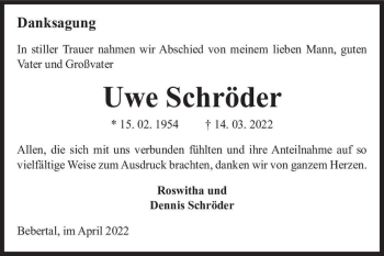 Traueranzeige von Uwe Schröder  von Magdeburger Volksstimme