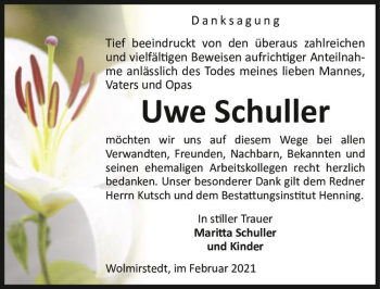Traueranzeige von Uwe Schuller  von Magdeburger Volksstimme