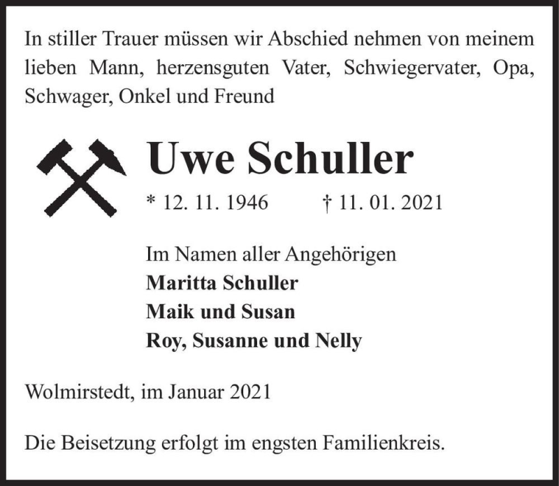  Traueranzeige für Uwe Schuller  vom 16.01.2021 aus Magdeburger Volksstimme