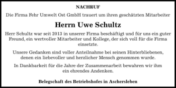 Traueranzeige von Uwe Schultz  von Magdeburger Volksstimme