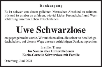 Traueranzeige von Uwe Schwarzlose  von Magdeburger Volksstimme