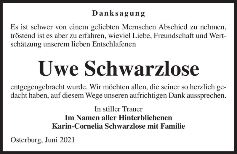  Traueranzeige für Uwe Schwarzlose  vom 19.06.2021 aus Magdeburger Volksstimme