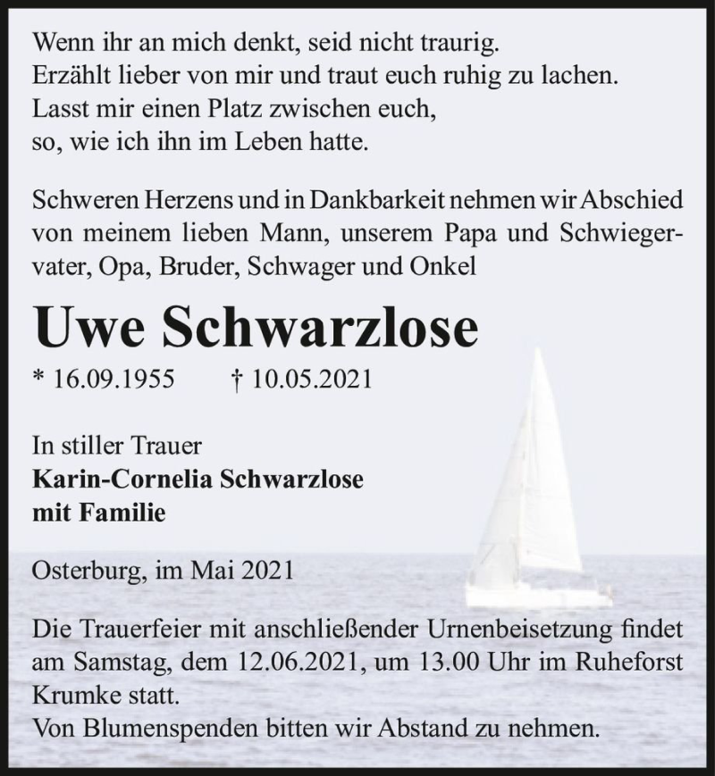  Traueranzeige für Uwe Schwarzlose  vom 29.05.2021 aus Magdeburger Volksstimme