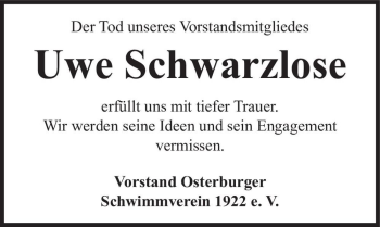 Traueranzeige von Uwe Schwarzlose  von Magdeburger Volksstimme