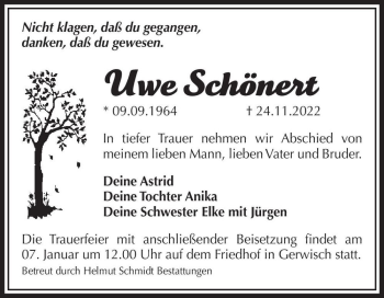 Traueranzeige von Uwe Schönert  von Magdeburger Volksstimme