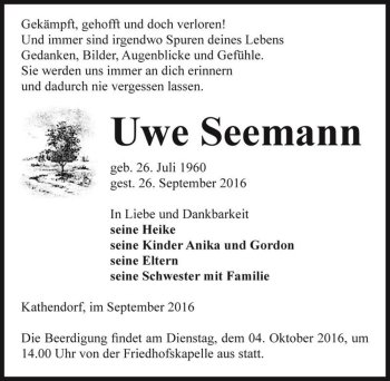 Traueranzeige von Uwe Seemann  von Magdeburger Volksstimme