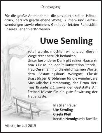 Traueranzeige von Uwe Semling  von Magdeburger Volksstimme