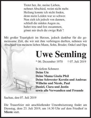 Traueranzeige von Uwe Semling  von Magdeburger Volksstimme