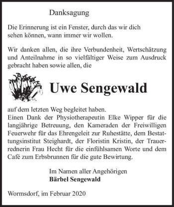 Traueranzeige von Uwe Sengewald  von Magdeburger Volksstimme