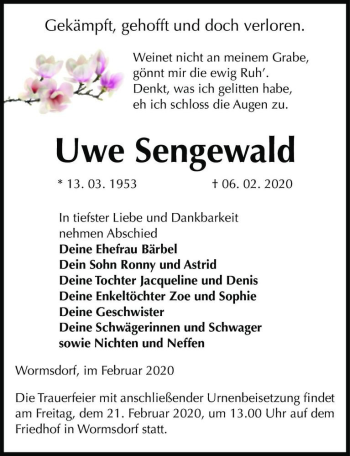Traueranzeige von Uwe Sengewald  von Magdeburger Volksstimme
