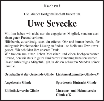 Traueranzeige von Uwe Sevecke  von Magdeburger Volksstimme