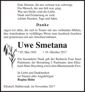 Traueranzeige von Uwe Smetana  von Magdeburger Volksstimme