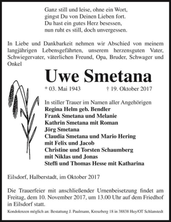Traueranzeige von Uwe Smetana  von Magdeburger Volksstimme