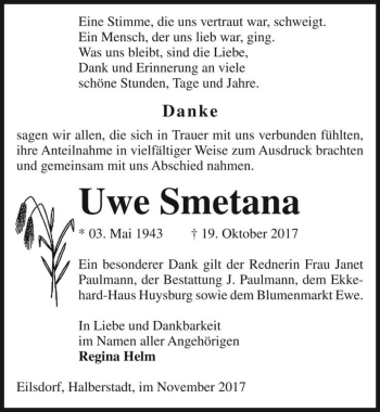 Traueranzeige von Uwe Smetana  von Magdeburger Volksstimme