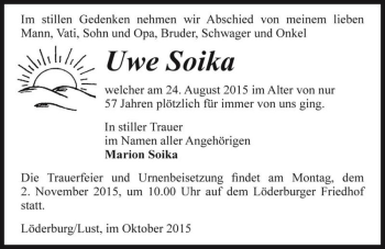 Traueranzeige von Uwe Soika  von Magdeburger Volksstimme