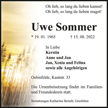 Traueranzeige von Uwe Sommer  von Magdeburger Volksstimme