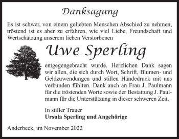 Traueranzeige von Uwe Sperling  von Magdeburger Volksstimme