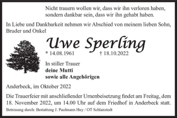 Traueranzeige von Uwe Sperling  von Magdeburger Volksstimme