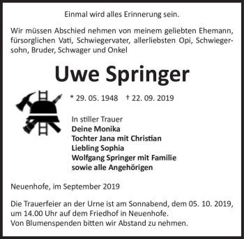Traueranzeige von Uwe Springer  von Magdeburger Volksstimme