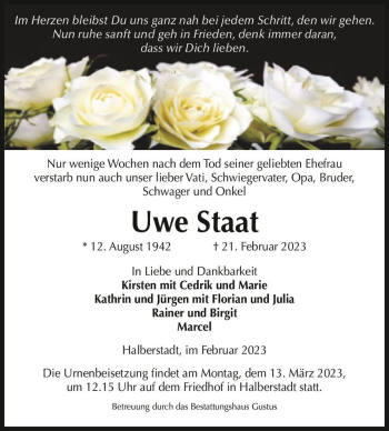 Traueranzeige von Uwe Staat  von Magdeburger Volksstimme