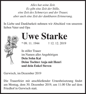 Traueranzeige von Uwe Starke  von Magdeburger Volksstimme