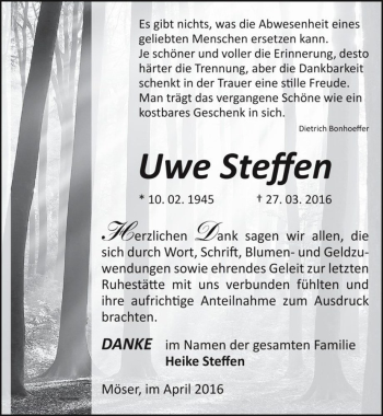 Traueranzeige von Uwe Steffen  von Magdeburger Volksstimme