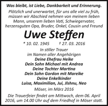 Traueranzeige von Uwe Steffen  von Magdeburger Volksstimme