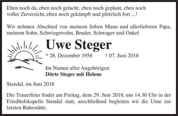 Traueranzeige von Uwe Steger  von Magdeburger Volksstimme