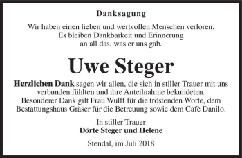 Traueranzeige von Uwe Steger  von Magdeburger Volksstimme