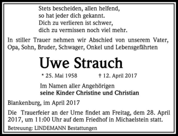 Traueranzeige von Uwe Strauch  von Magdeburger Volksstimme