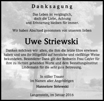 Traueranzeige von Uwe Striewski  von Magdeburger Volksstimme