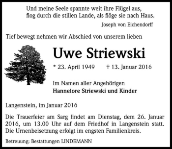 Traueranzeige von Uwe Striewski  von Magdeburger Volksstimme